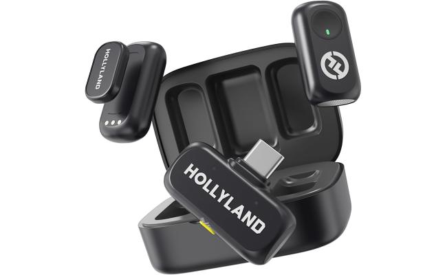 Hollyland Lark A1 Dou Wireless Microphone for iPhone 17/16/15 & Android, 48kHz/24-bit, 3-Level Intelligent Noise Cancel, Mini Mic for YouTube, Podcast, Vlogging (2TX + USB-C RX + Charging Case) - Black